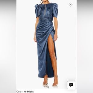 Mac Duggal Midnight Blue Satin Pleated Maxi Dress with High Slit